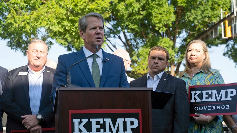 Georgia Gov. Brian Kemp speaks at The Neighborhood Lot on Friday, July 29, 2022, in McDonough,...