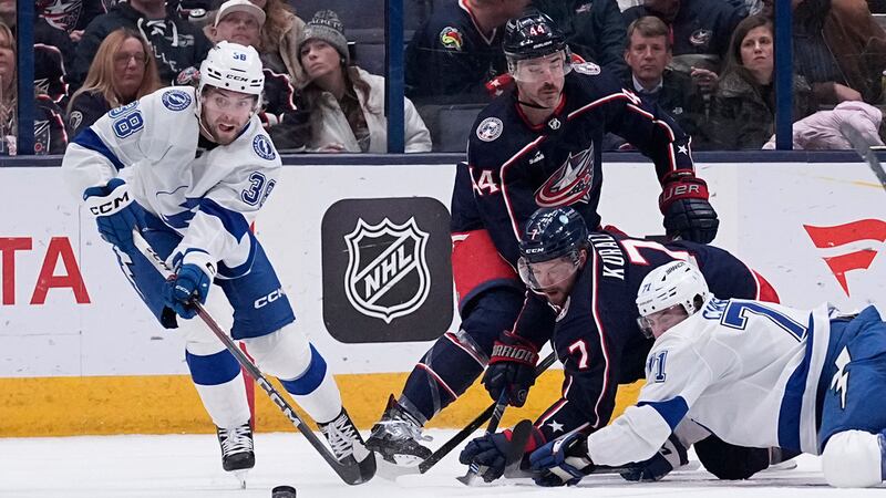 Tampa Bay Lightning left wing Brandon Hagel (38) skates away from Columbus Blue Jackets' Sean...