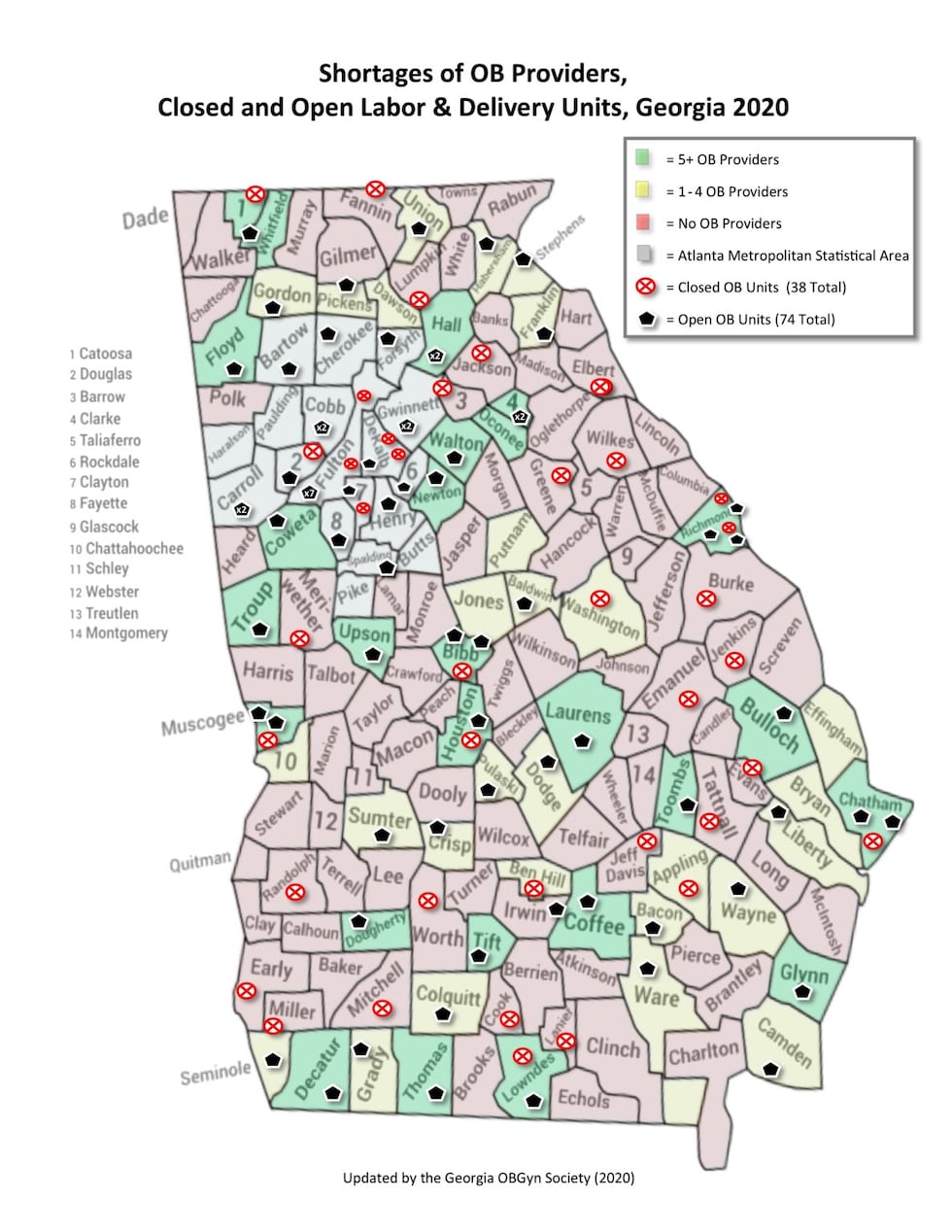This map depicts Labor and Delivery closures in red, and current facilities in black.