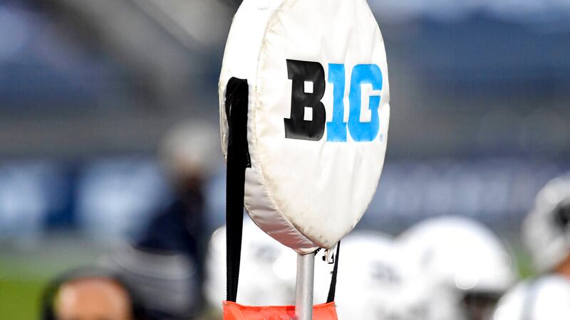 The Big Ten Logo decorates a first down chain during an NCAA college football game between...