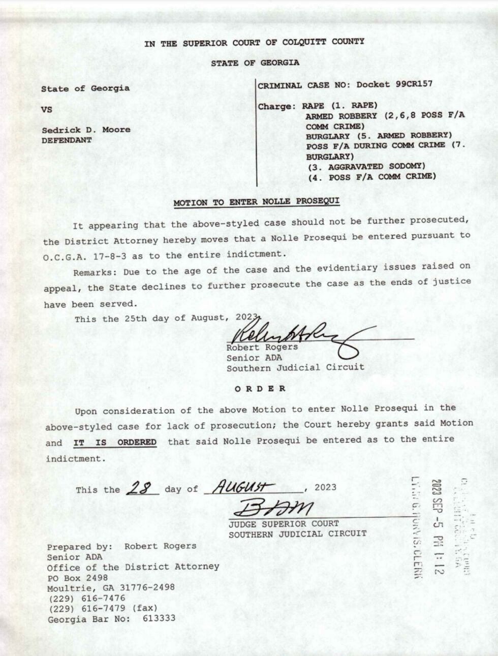 Sedrick Moore Case, Motion to Enter Nolle Prosequi