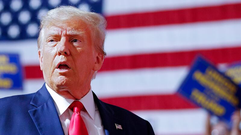 Former President Donald Trump speaks in Clinton Township, Mich., Wednesday, Sept. 27, 2023....