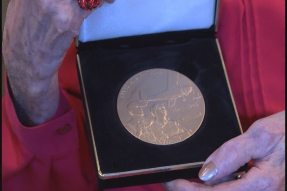 Sherman received this medal for her service in the Civil Air Patrol during World War II....