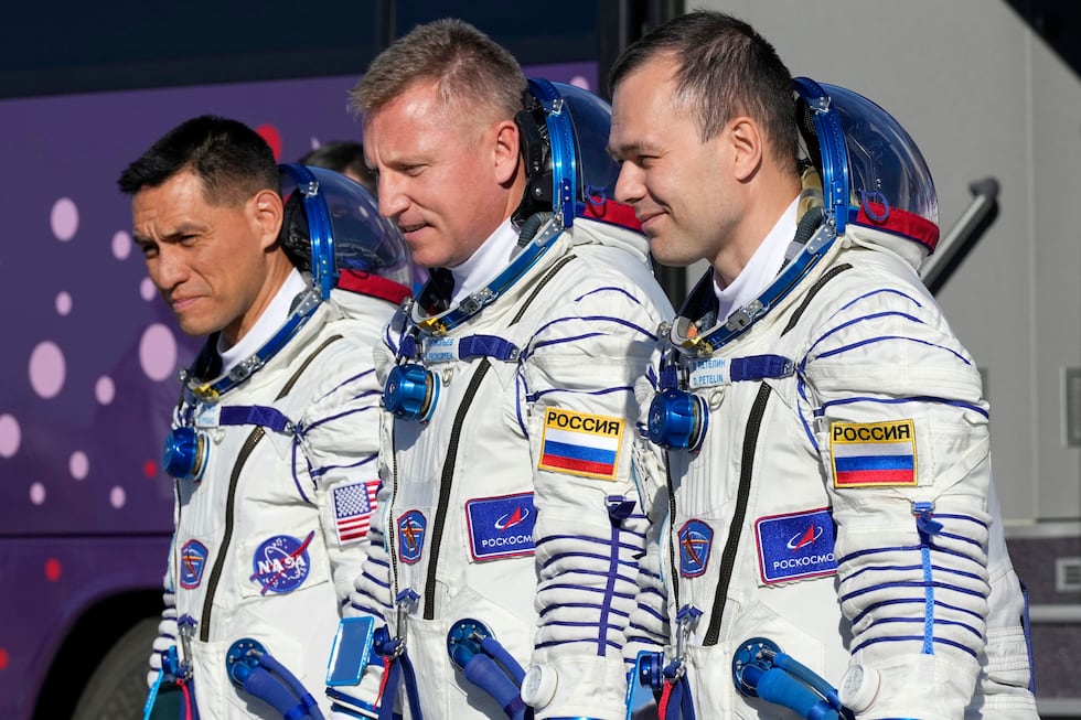 FILE - From left, NASA astronaut Frank Rubio, Roscosmos cosmonauts Sergey Prokopyev and Dmitri...