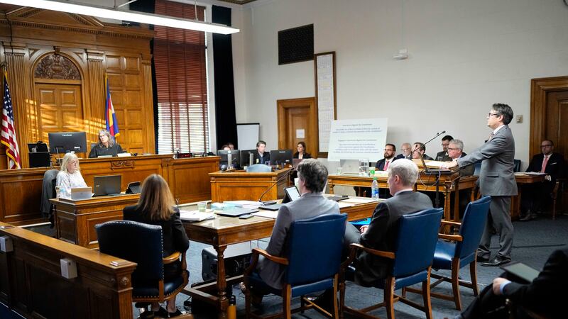 Sean Grimsley, attorney for the petitioners, delivers closing arguments in a hearing for a...